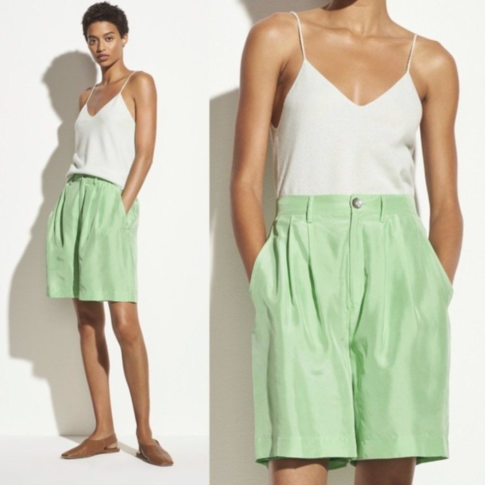 Vince NWT Green Pleated Bermuda Silk Shorts 4 Wide Leg High Rise Quiet Luxury